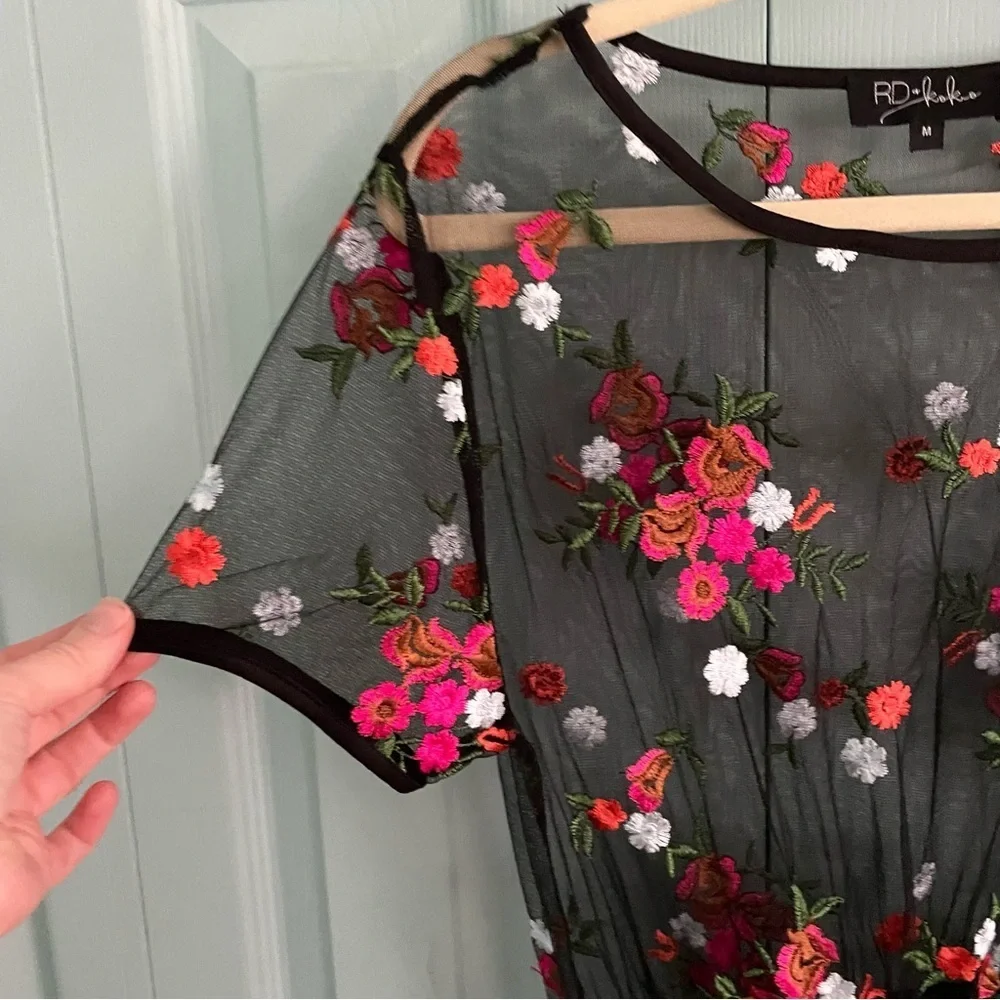 RD+KoKo Black Sheer Overlay Floral Maxi Dress Womens Med Short Sleeve Whimsigoth - Picture 4 of 12